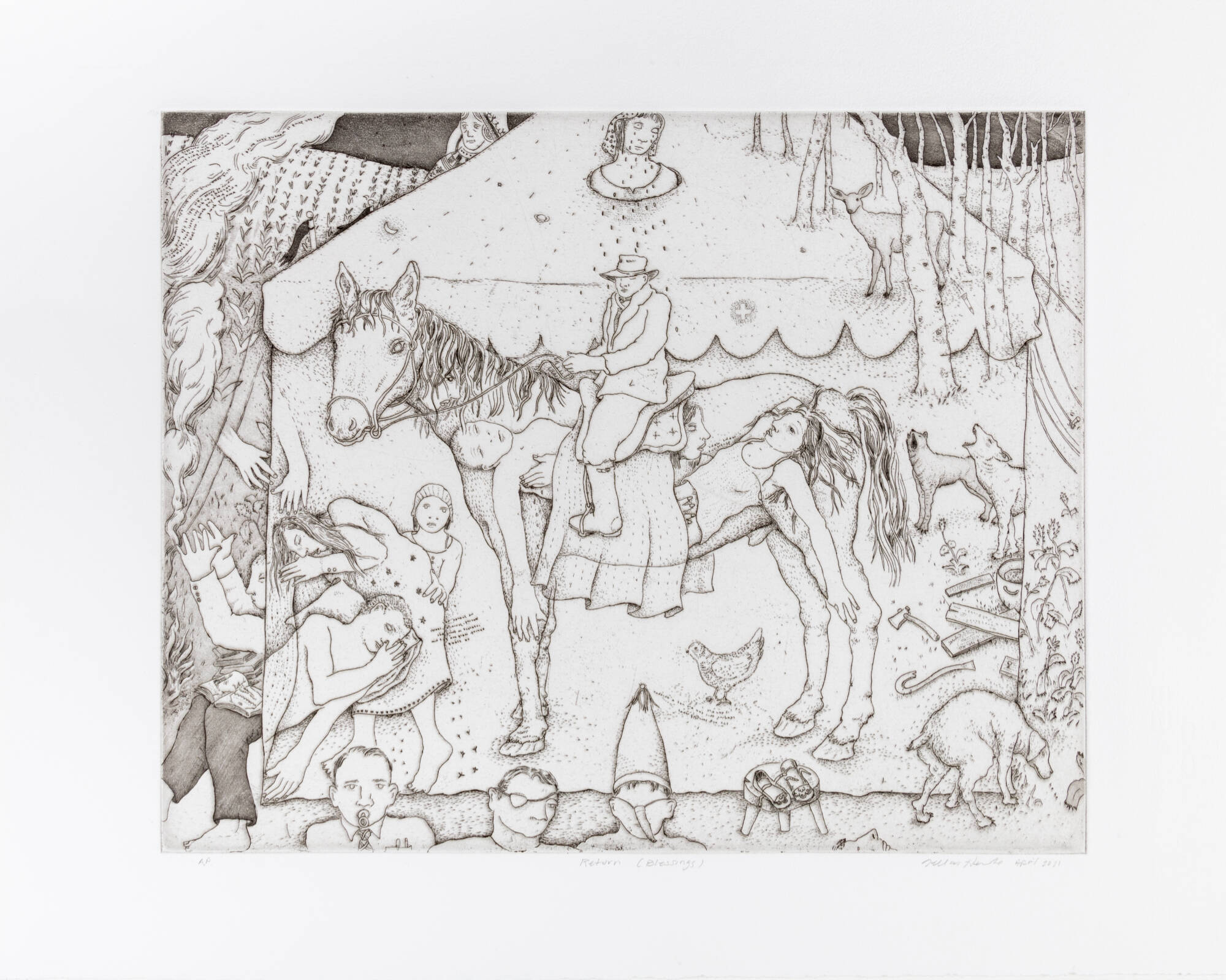 Engraving of a man on a horse in front of a circus tent.